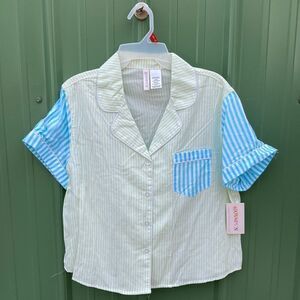 WOMEN’S NOTCH Collar Cotton Pajama Short Sleeve Button Down Lounge Shirt Size M